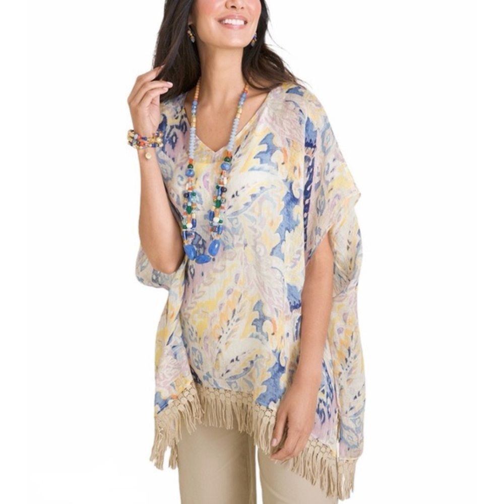 Chico’s Linen Weave Poncho Cape Watercolor Paisley Crochet Fringe Small/Medium